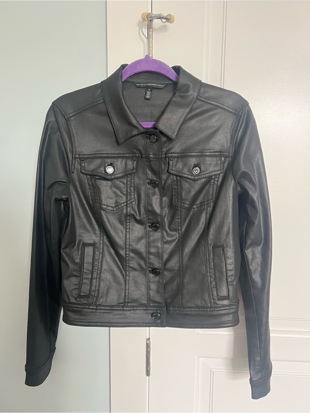 White House Black Market Black Faux Leather Jean Jacket